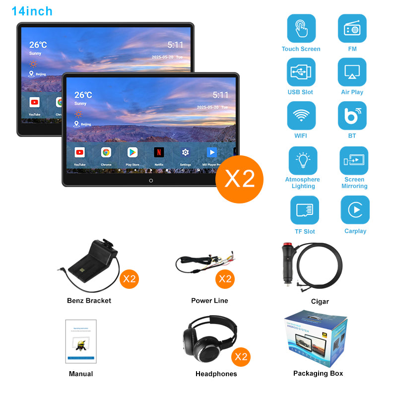 14inch 4K Portable Car TV Headrest Monitor Tablet for Cars Back seat Support Phone Wireless mirroring, Wireless CO-screen 256 colors Running ambinet light,WiFi/Bluetooth/HDMI in and out/USB/ Support 4K Video