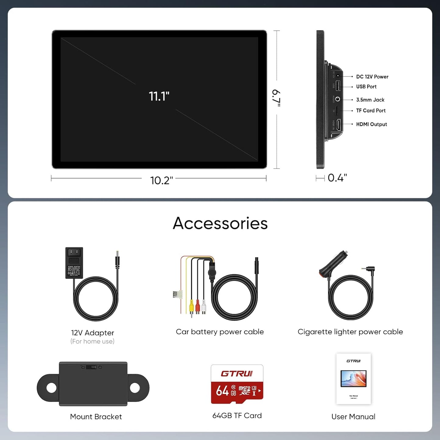 11.1-inch 2K QLED Touch Screen Android 14 Portable Car TV, Car Rear Seat Headrest Monitor Multi-Medias Video Player, Support Phone Mirror Link WiFi Bluetooth, HDMI/RCA Input 2G+32GB