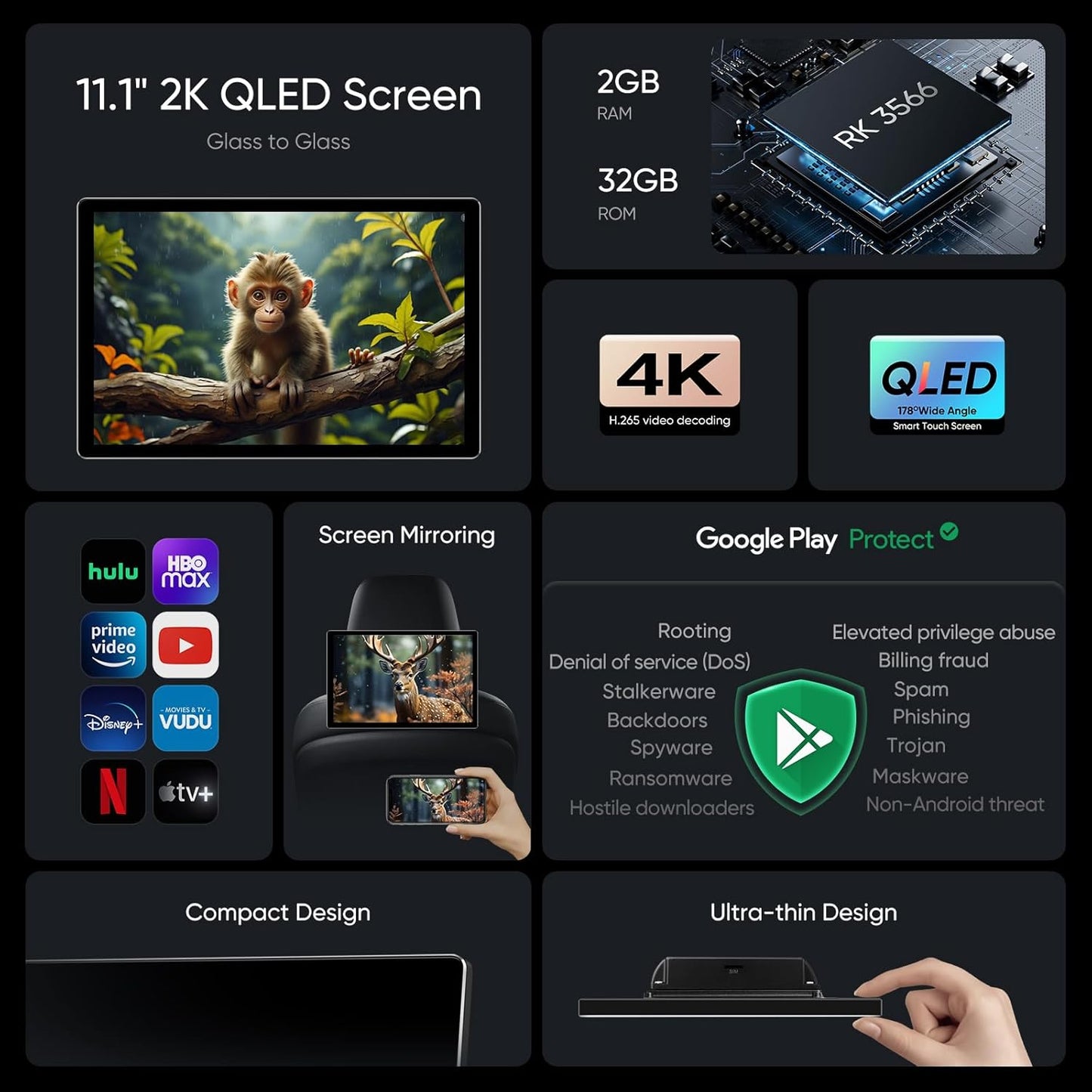 11.1-inch 2K QLED Touch Screen Android 14 Portable Car TV, Car Rear Seat Headrest Monitor Multi-Medias Video Player, Support Phone Mirror Link WiFi Bluetooth, HDMI/RCA Input 2G+32GB