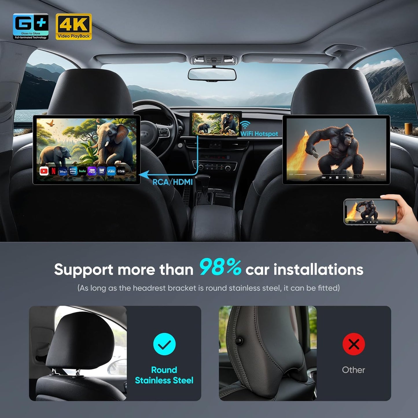 11.1-inch 2K QLED Touch Screen Android 14 Portable Car TV, Car Rear Seat Headrest Monitor Multi-Medias Video Player, Support Phone Mirror Link WiFi Bluetooth, HDMI/RCA Input 2G+32GB