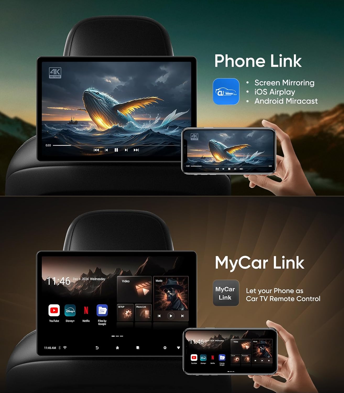 14 inch 4K Android.13 Car TV Headrest Monitor for Cars Back seat Rear Entertainment System, Support Phone Wireless Mirror Link Touch Screen,with WiFi/Bluetooth/HDMI/USB/Video Player (4G+64G(1*PC))