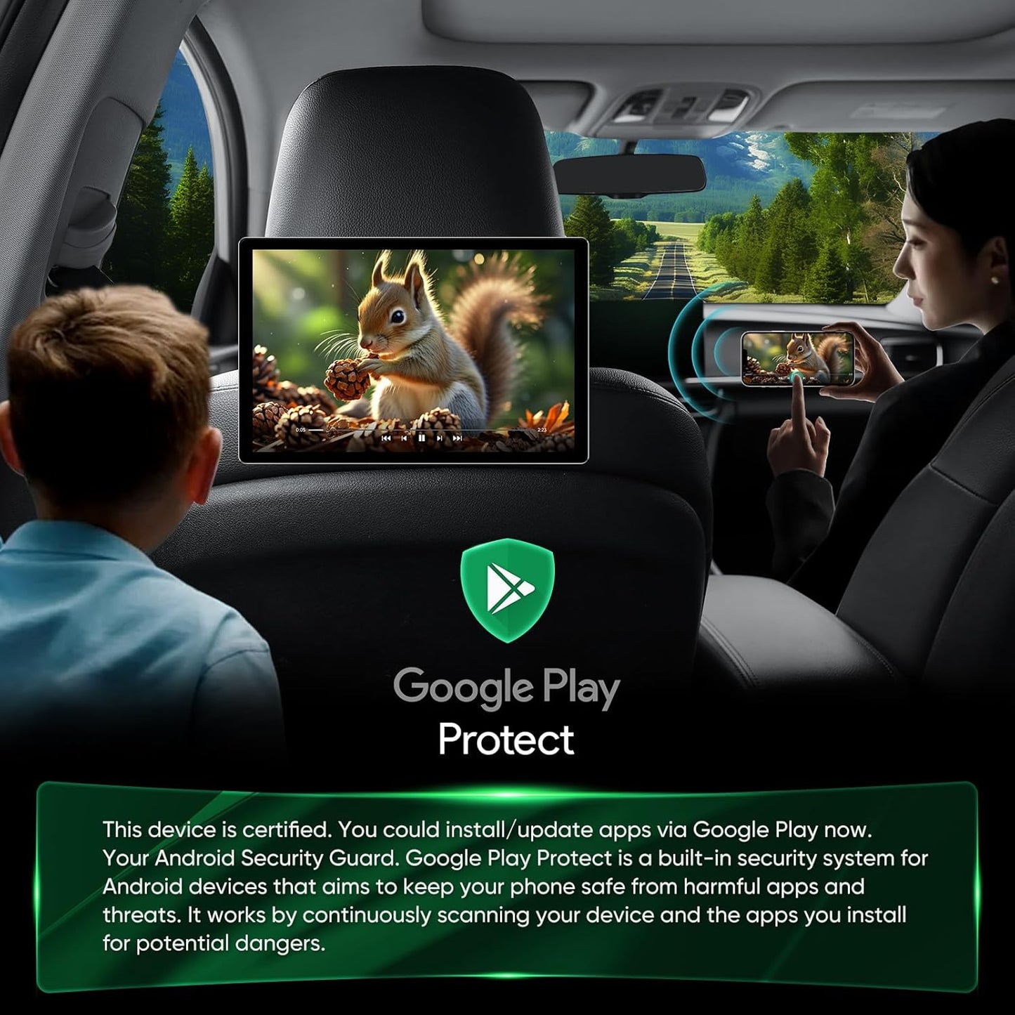 11.1-inch 2K QLED Touch Screen Android 14 Portable Car TV, Car Rear Seat Headrest Monitor Multi-Medias Video Player, Support Phone Mirror Link WiFi Bluetooth, HDMI/RCA Input 2G+32GB