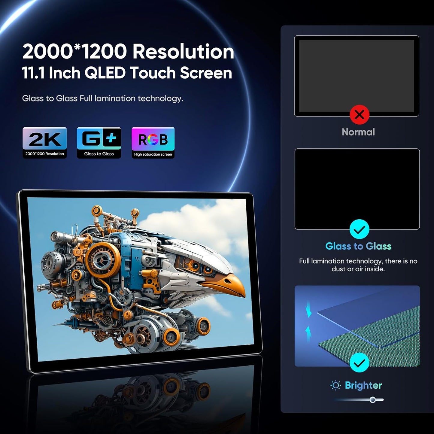 11.1-inch 2K QLED Touch Screen Android 14 Portable Car TV, Car Rear Seat Headrest Monitor Multi-Medias Video Player, Support Phone Mirror Link WiFi Bluetooth, HDMI/RCA Input 2G+32GB