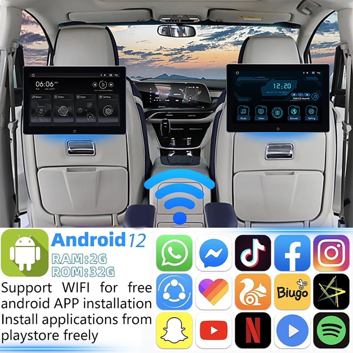 4K Android 12 Portable Car TV Headrest Monitor Back Seat,10.1 Inch Touch Screen Tablet Portable Multi-Media Video Player,Support Phone Wireless Mirror Link,WiFi Bluetooth/RCA/USB & 2G+32GB 1PCS