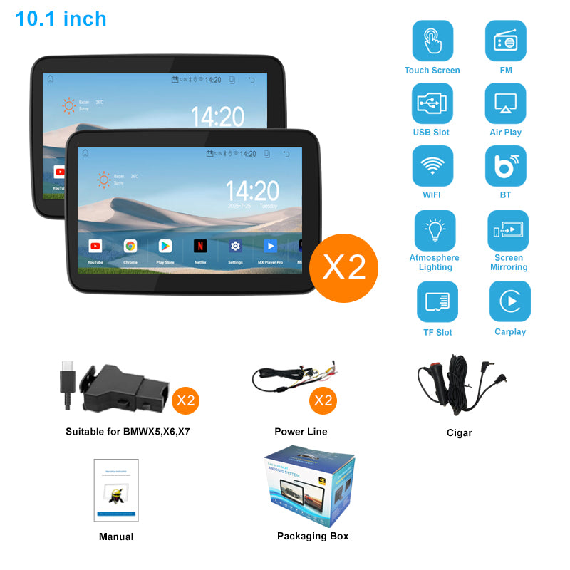 10.1 inch Android 10  Car Headrest Monitor,Touch Screen,Support Phone Mirror Link/HDMI in+Out/Bluetooth/USB/SD Headrest Video Player