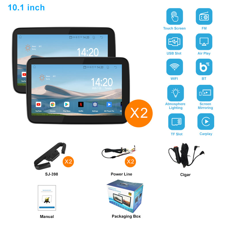 10.1 inch Android 10  Car Headrest Monitor,Touch Screen,Support Phone Mirror Link/HDMI in+Out/Bluetooth/USB/SD Headrest Video Player