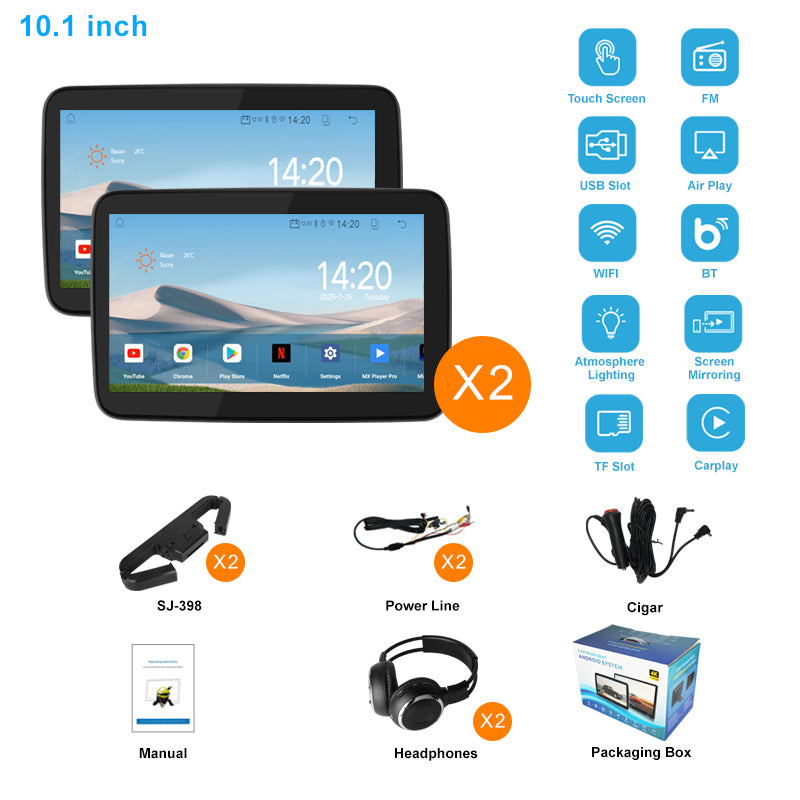 10.1 inch Android 10  Car Headrest Monitor,Touch Screen,Support Phone Mirror Link/HDMI in+Out/Bluetooth/USB/SD Headrest Video Player