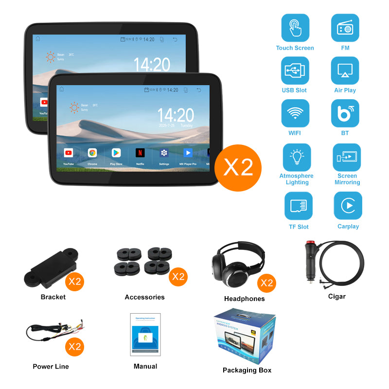 10.1 inch Android 10  Car Headrest Monitor,Touch Screen,Support Phone Mirror Link/HDMI in+Out/Bluetooth/USB/SD Headrest Video Player