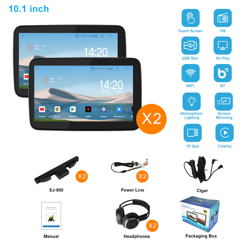 10.1 inch Android 10  Car Headrest Monitor,Touch Screen,Support Phone Mirror Link/HDMI in+Out/Bluetooth/USB/SD Headrest Video Player
