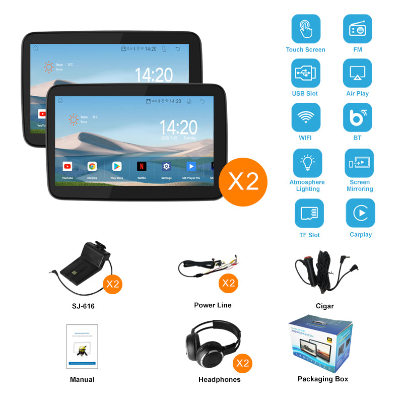10.1 inch Android 10  Car Headrest Monitor,Touch Screen,Support Phone Mirror Link/HDMI in+Out/Bluetooth/USB/SD Headrest Video Player