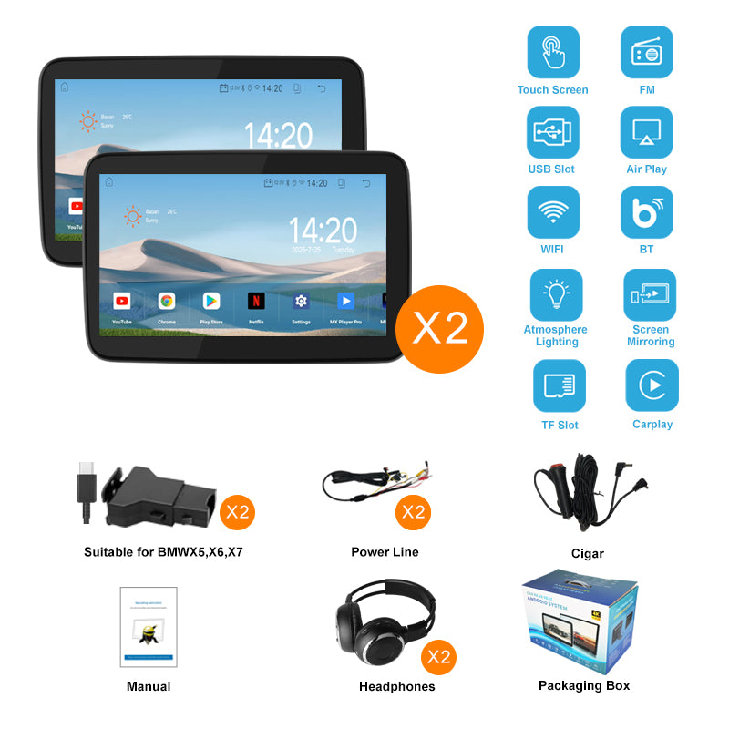 10.1 inch Android 10  Car Headrest Monitor,Touch Screen,Support Phone Mirror Link/HDMI in+Out/Bluetooth/USB/SD Headrest Video Player
