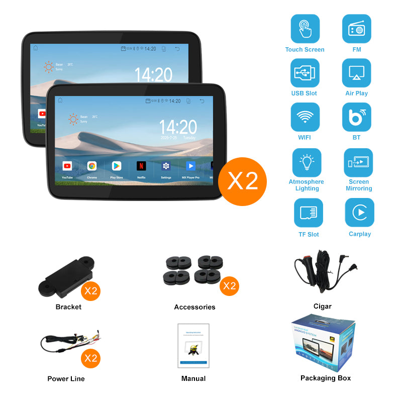 10.1 inch Android 10  Car Headrest Monitor,Touch Screen,Support Phone Mirror Link/HDMI in+Out/Bluetooth/USB/SD Headrest Video Player