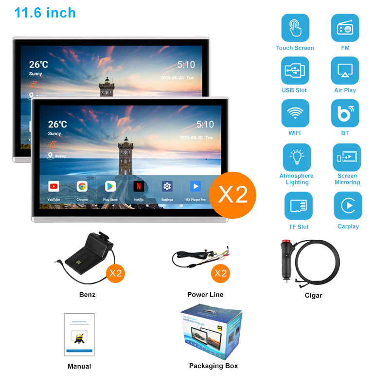 11.6inch 4K Portable Car TV Headrest Monitor Tablet for Cars Back seat,Wireless CO-screen 256 colors Ambient light phone control，WiFi/Bluetooth/HDMI in and out/USB/ Support 4K Video /Master+slave available/Car Display Screen easy Installation