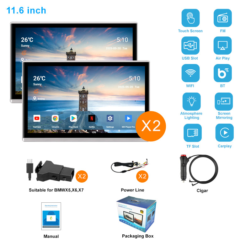 11.6inch 4K Portable Car TV Headrest Monitor Tablet for Cars Back seat,Wireless CO-screen 256 colors Ambient light phone control，WiFi/Bluetooth/HDMI in and out/USB/ Support 4K Video /Master+slave available/Car Display Screen easy Installation