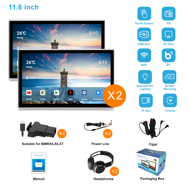 11.6inch 4K Portable Car TV Headrest Monitor Tablet for Cars Back seat,Wireless CO-screen 256 colors Ambient light phone control，WiFi/Bluetooth/HDMI in and out/USB/ Support 4K Video /Master+slave available/Car Display Screen easy Installation
