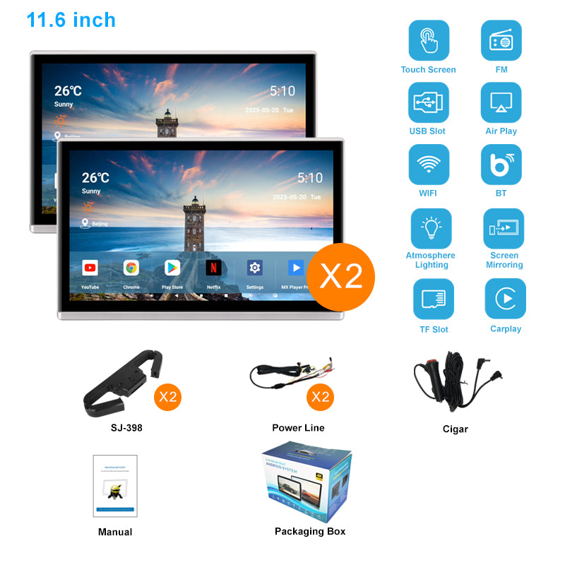11.6inch 4K Portable Car TV Headrest Monitor Tablet for Cars Back seat,Wireless CO-screen 256 colors Ambient light phone control，WiFi/Bluetooth/HDMI in and out/USB/ Support 4K Video /Master+slave available/Car Display Screen easy Installation