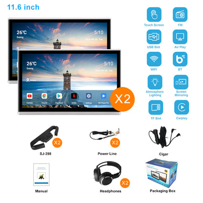 11.6inch 4K Portable Car TV Headrest Monitor Tablet for Cars Back seat,Wireless CO-screen 256 colors Ambient light phone control，WiFi/Bluetooth/HDMI in and out/USB/ Support 4K Video /Master+slave available/Car Display Screen easy Installation