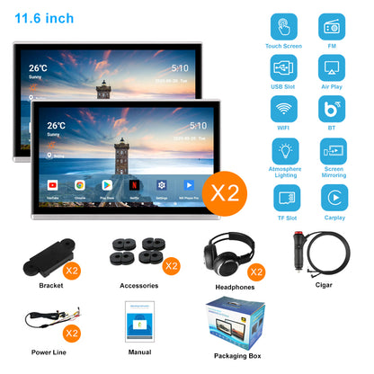 11.6inch 4K Portable Car TV Headrest Monitor Tablet for Cars Back seat,Wireless CO-screen 256 colors Ambient light phone control，WiFi/Bluetooth/HDMI in and out/USB/ Support 4K Video /Master+slave available/Car Display Screen easy Installation