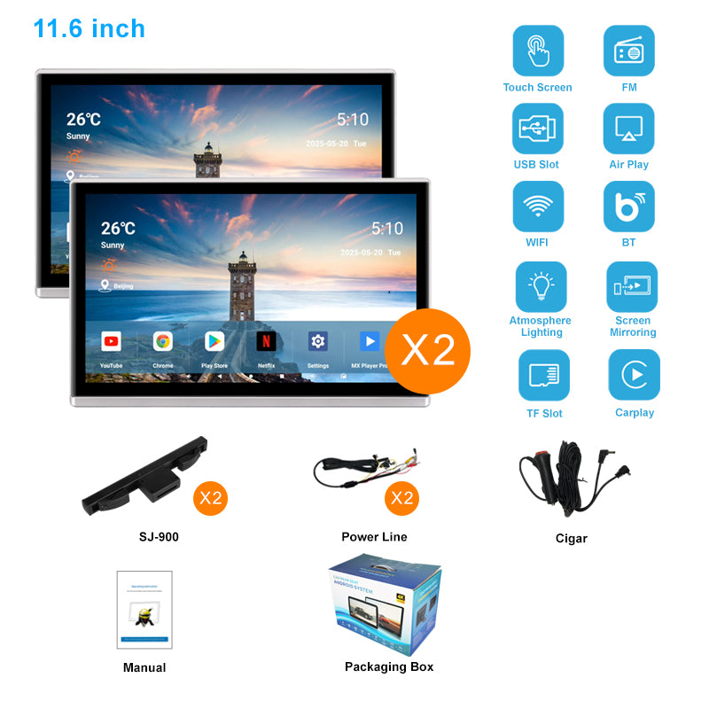 11.6inch 4K Portable Car TV Headrest Monitor Tablet for Cars Back seat,Wireless CO-screen 256 colors Ambient light phone control，WiFi/Bluetooth/HDMI in and out/USB/ Support 4K Video /Master+slave available/Car Display Screen easy Installation