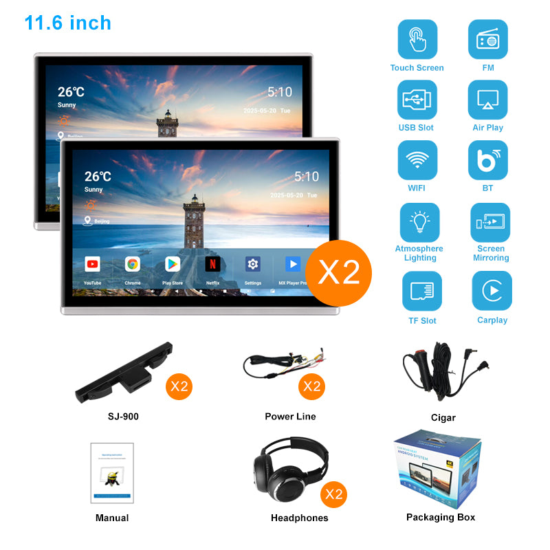 11.6inch 4K Portable Car TV Headrest Monitor Tablet for Cars Back seat,Wireless CO-screen 256 colors Ambient light phone control，WiFi/Bluetooth/HDMI in and out/USB/ Support 4K Video /Master+slave available/Car Display Screen easy Installation