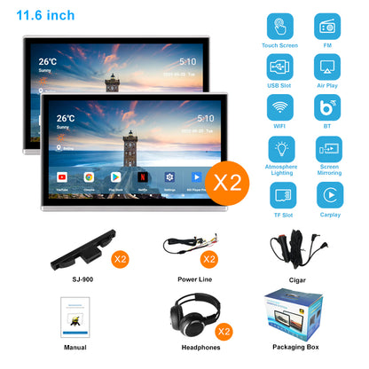 11.6inch 4K Portable Car TV Headrest Monitor Tablet for Cars Back seat,Wireless CO-screen 256 colors Ambient light phone control，WiFi/Bluetooth/HDMI in and out/USB/ Support 4K Video /Master+slave available/Car Display Screen easy Installation