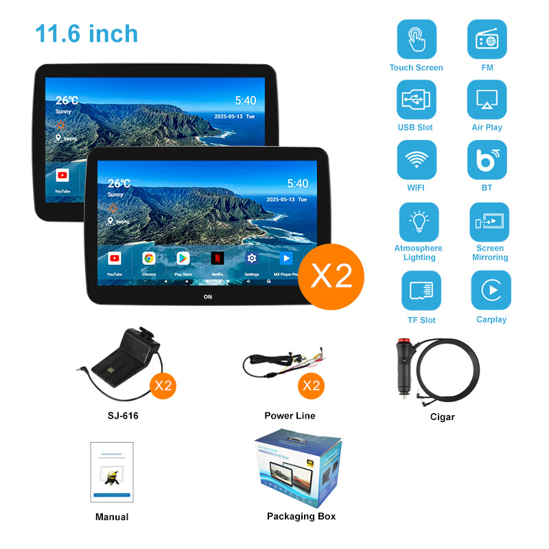 11.6inch 4K Car Android Display Screen,Portable Car TV Headrest Monitor Tablet for Cars Back seat Support Phone Wireless mirroring,Wireless CO-screen 256 colors Running ambinet light,WiFi/Bluetooth/HDMI in and out/USB/ Support 4K Video