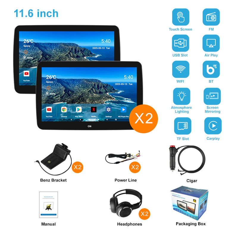 11.6inch 4K Car Android Display Screen,Portable Car TV Headrest Monitor Tablet for Cars Back seat Support Phone Wireless mirroring,Wireless CO-screen 256 colors Running ambinet light,WiFi/Bluetooth/HDMI in and out/USB/ Support 4K Video