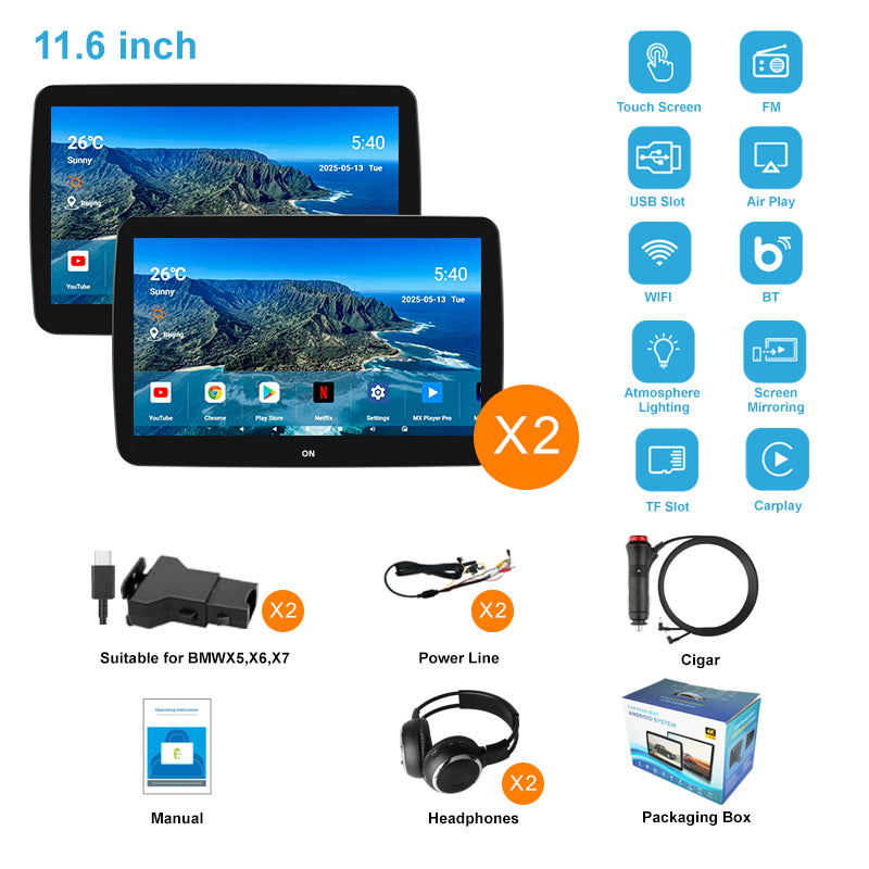 11.6inch 4K Car Android Display Screen,Portable Car TV Headrest Monitor Tablet for Cars Back seat Support Phone Wireless mirroring,Wireless CO-screen 256 colors Running ambinet light,WiFi/Bluetooth/HDMI in and out/USB/ Support 4K Video