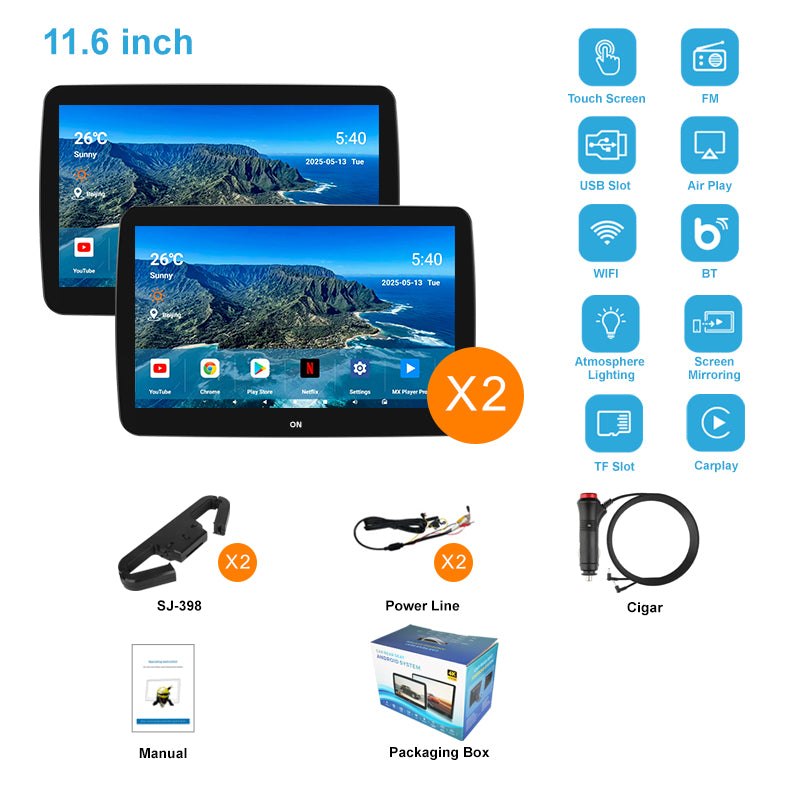 11.6inch 4K Car Android Display Screen,Portable Car TV Headrest Monitor Tablet for Cars Back seat Support Phone Wireless mirroring,Wireless CO-screen 256 colors Running ambinet light,WiFi/Bluetooth/HDMI in and out/USB/ Support 4K Video