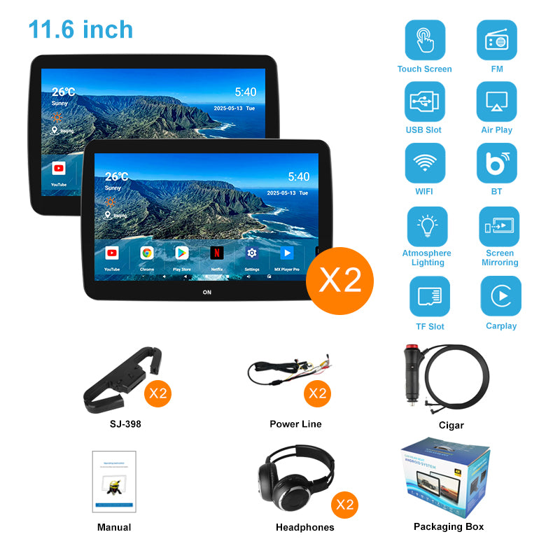 11.6inch 4K Car Android Display Screen,Portable Car TV Headrest Monitor Tablet for Cars Back seat Support Phone Wireless mirroring,Wireless CO-screen 256 colors Running ambinet light,WiFi/Bluetooth/HDMI in and out/USB/ Support 4K Video