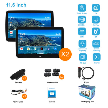 11.6inch 4K Car Android Display Screen,Portable Car TV Headrest Monitor Tablet for Cars Back seat Support Phone Wireless mirroring,Wireless CO-screen 256 colors Running ambinet light,WiFi/Bluetooth/HDMI in and out/USB/ Support 4K Video