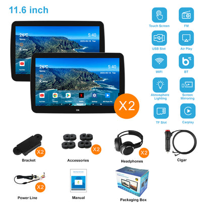 11.6inch 4K Car Android Display Screen,Portable Car TV Headrest Monitor Tablet for Cars Back seat Support Phone Wireless mirroring,Wireless CO-screen 256 colors Running ambinet light,WiFi/Bluetooth/HDMI in and out/USB/ Support 4K Video