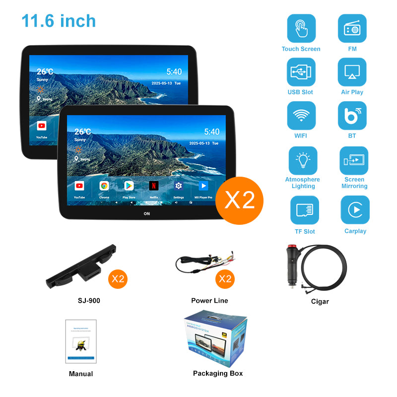 11.6inch 4K Car Android Display Screen,Portable Car TV Headrest Monitor Tablet for Cars Back seat Support Phone Wireless mirroring,Wireless CO-screen 256 colors Running ambinet light,WiFi/Bluetooth/HDMI in and out/USB/ Support 4K Video