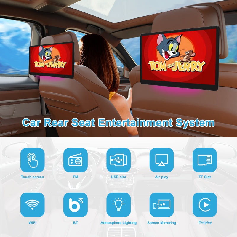 12inch 3K HD resolution with Aluminum Alloy casing Portable Car TV Headrest Monitor Tablet for Cars Back seat Support Phone Wireless mirroring, Wireless CO-screen 256 colors Running ambinet light，WiFi/Bluetooth/HDMI in and out/USB/ Support 4K Video