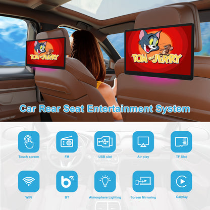 12inch 3K HD resolution with Aluminum Alloy casing Portable Car TV Headrest Monitor Tablet for Cars Back seat Support Phone Wireless mirroring, Wireless CO-screen 256 colors Running ambinet light，WiFi/Bluetooth/HDMI in and out/USB/ Support 4K Video