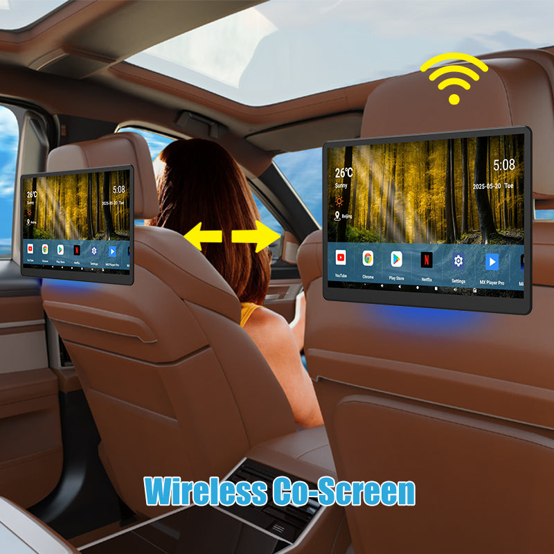 12inch 3K HD resolution with Aluminum Alloy casing Portable Car TV Headrest Monitor Tablet for Cars Back seat Support Phone Wireless mirroring, Wireless CO-screen 256 colors Running ambinet light，WiFi/Bluetooth/HDMI in and out/USB/ Support 4K Video