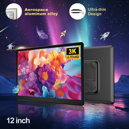 12inch 3K HD resolution with Aluminum Alloy casing Portable Car TV Headrest Monitor Tablet for Cars Back seat Support Phone Wireless mirroring, Wireless CO-screen 256 colors Running ambinet light，WiFi/Bluetooth/HDMI in and out/USB/ Support 4K Video