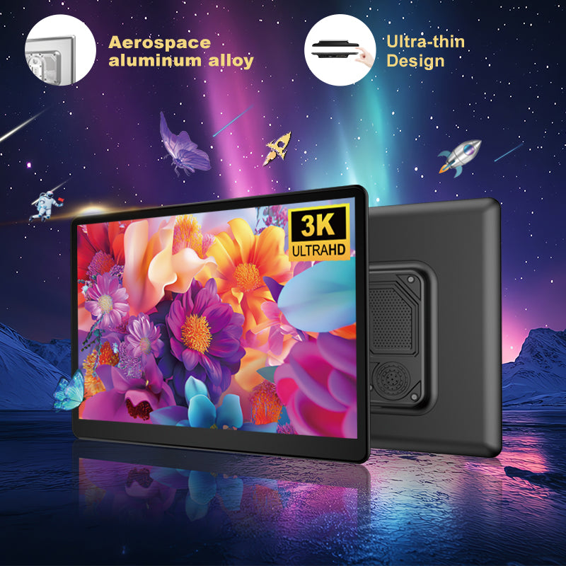 14inch 3K HD resolution with Aluminum Alloy casing,Portable Car TV Headrest Monitor Tablet for Cars Back seat Support Phone Wireless mirroring，WiFi/Bluetooth/HDMI in and out/USB/Support 4K Video/Master+slave available/ Car Display Screen easy Installation