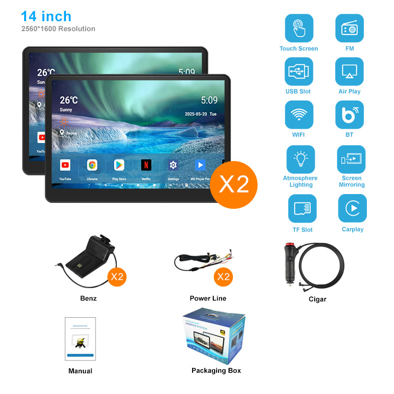 14inch 3K HD resolution with Aluminum Alloy casing,Portable Car TV Headrest Monitor Tablet for Cars Back seat Support Phone Wireless mirroring，WiFi/Bluetooth/HDMI in and out/USB/Support 4K Video/Master+slave available/ Car Display Screen easy Installation