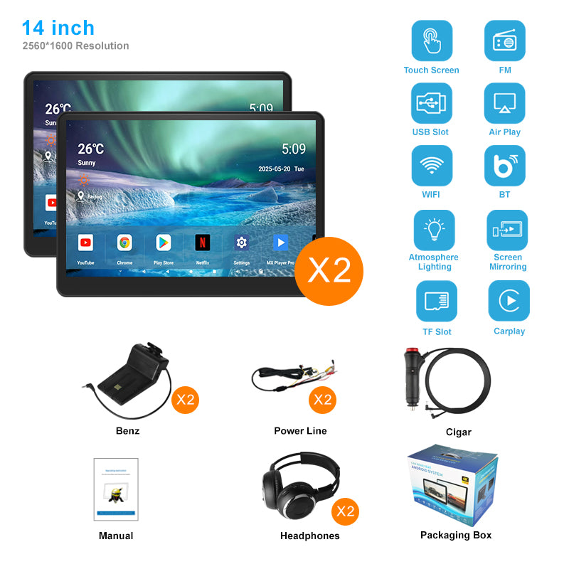 14inch 3K HD resolution with Aluminum Alloy casing,Portable Car TV Headrest Monitor Tablet for Cars Back seat Support Phone Wireless mirroring，WiFi/Bluetooth/HDMI in and out/USB/Support 4K Video/Master+slave available/ Car Display Screen easy Installation