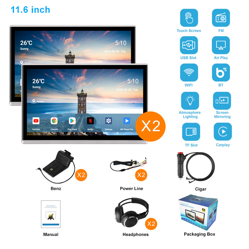 11.6inch 4K Portable Car TV Headrest Monitor Tablet for Cars Back seat,Wireless CO-screen 256 colors Ambient light phone control，WiFi/Bluetooth/HDMI in and out/USB/ Support 4K Video /Master+slave available/Car Display Screen easy Installation