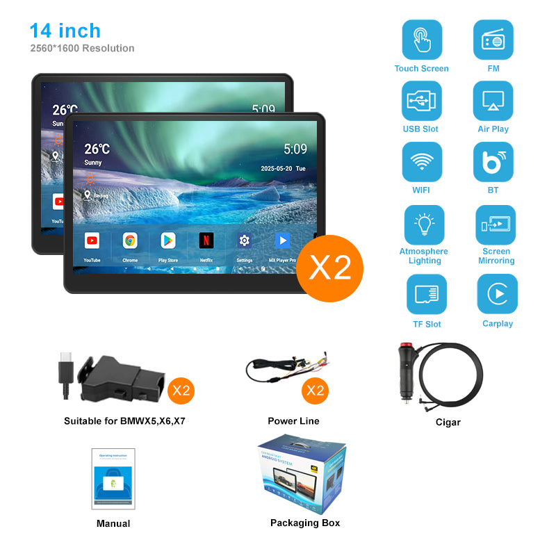 14inch 3K HD resolution with Aluminum Alloy casing,Portable Car TV Headrest Monitor Tablet for Cars Back seat Support Phone Wireless mirroring，WiFi/Bluetooth/HDMI in and out/USB/Support 4K Video/Master+slave available/ Car Display Screen easy Installation