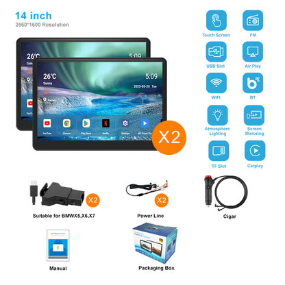 14inch 3K HD resolution with Aluminum Alloy casing,Portable Car TV Headrest Monitor Tablet for Cars Back seat Support Phone Wireless mirroring，WiFi/Bluetooth/HDMI in and out/USB/Support 4K Video/Master+slave available/ Car Display Screen easy Installation