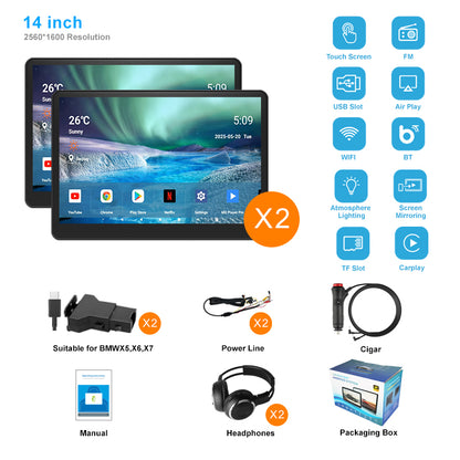 14inch 3K HD resolution with Aluminum Alloy casing,Portable Car TV Headrest Monitor Tablet for Cars Back seat Support Phone Wireless mirroring，WiFi/Bluetooth/HDMI in and out/USB/Support 4K Video/Master+slave available/ Car Display Screen easy Installation