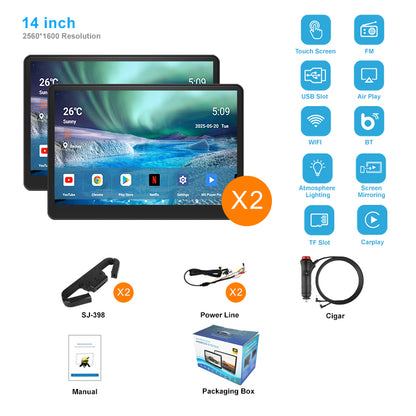 14inch 3K HD resolution with Aluminum Alloy casing,Portable Car TV Headrest Monitor Tablet for Cars Back seat Support Phone Wireless mirroring，WiFi/Bluetooth/HDMI in and out/USB/Support 4K Video/Master+slave available/ Car Display Screen easy Installation
