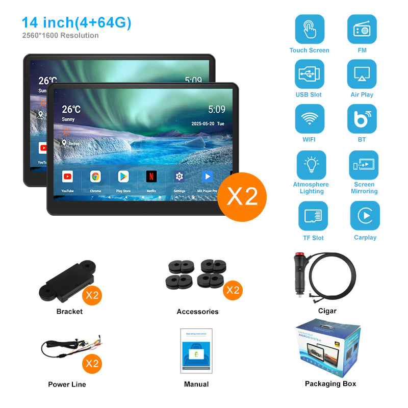 14inch 3K HD resolution with Aluminum Alloy casing,Portable Car TV Headrest Monitor Tablet for Cars Back seat Support Phone Wireless mirroring，WiFi/Bluetooth/HDMI in and out/USB/Support 4K Video/Master+slave available/ Car Display Screen easy Installation