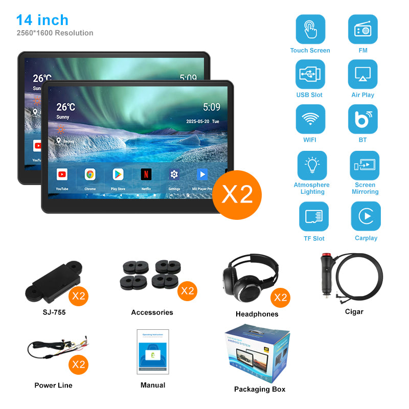 14inch 3K HD resolution with Aluminum Alloy casing,Portable Car TV Headrest Monitor Tablet for Cars Back seat Support Phone Wireless mirroring，WiFi/Bluetooth/HDMI in and out/USB/Support 4K Video/Master+slave available/ Car Display Screen easy Installation