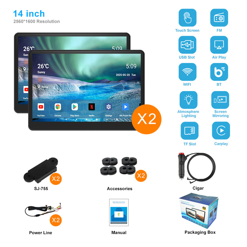 14inch 3K HD resolution with Aluminum Alloy casing,Portable Car TV Headrest Monitor Tablet for Cars Back seat Support Phone Wireless mirroring，WiFi/Bluetooth/HDMI in and out/USB/Support 4K Video/Master+slave available/ Car Display Screen easy Installation
