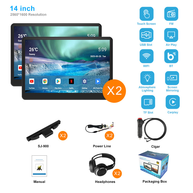 14inch 3K HD resolution with Aluminum Alloy casing,Portable Car TV Headrest Monitor Tablet for Cars Back seat Support Phone Wireless mirroring，WiFi/Bluetooth/HDMI in and out/USB/Support 4K Video/Master+slave available/ Car Display Screen easy Installation