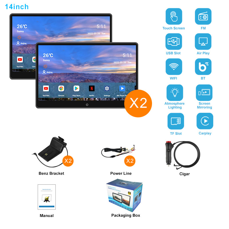 14inch 4K Portable Car TV Headrest Monitor Tablet for Cars Back seat Support Phone Wireless mirroring, Wireless CO-screen 256 colors Running ambinet light,WiFi/Bluetooth/HDMI in and out/USB/ Support 4K Video